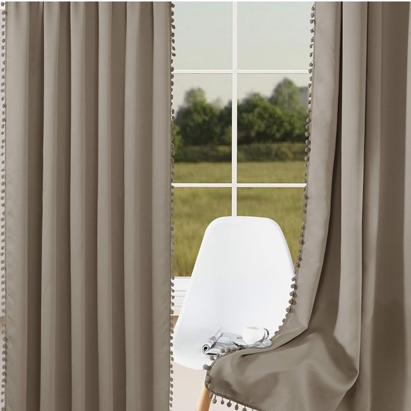 Pom Pom Blackout Curtains Bedroom, 42 x 84” Khaki, Set of 2 Panels Thermal - Picture 2 of 6